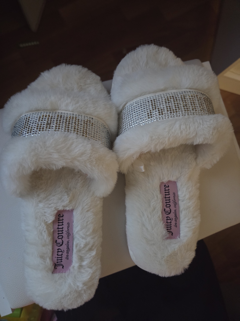 Juicy Couture Cream Faux Fur Slides with Silver Rhinestone Band